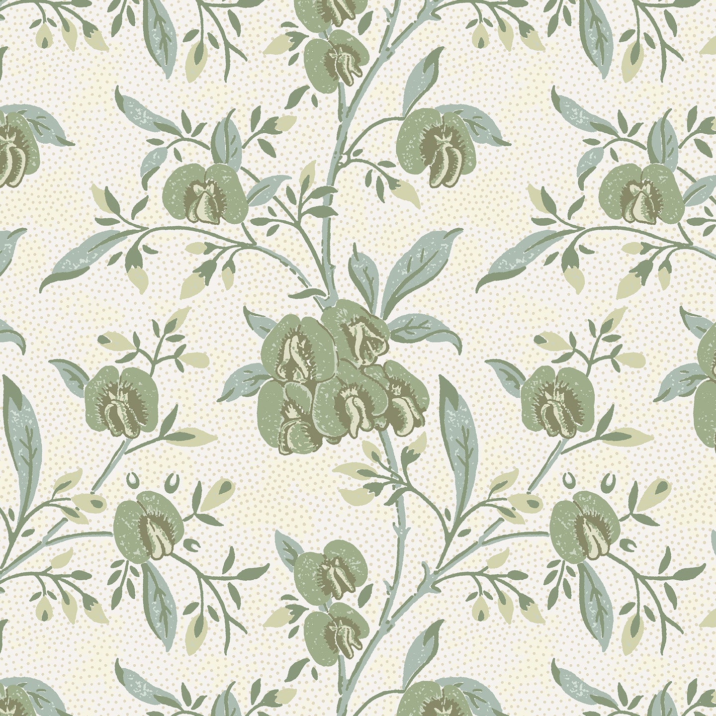 Wallpaper in a floral pattern with green leaves and flowers on a light background