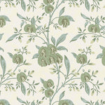 Wallpaper in a floral pattern with green leaves and flowers on a light background