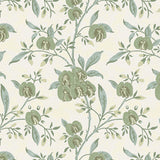 Wallpaper in a floral pattern with green leaves and flowers on a light background