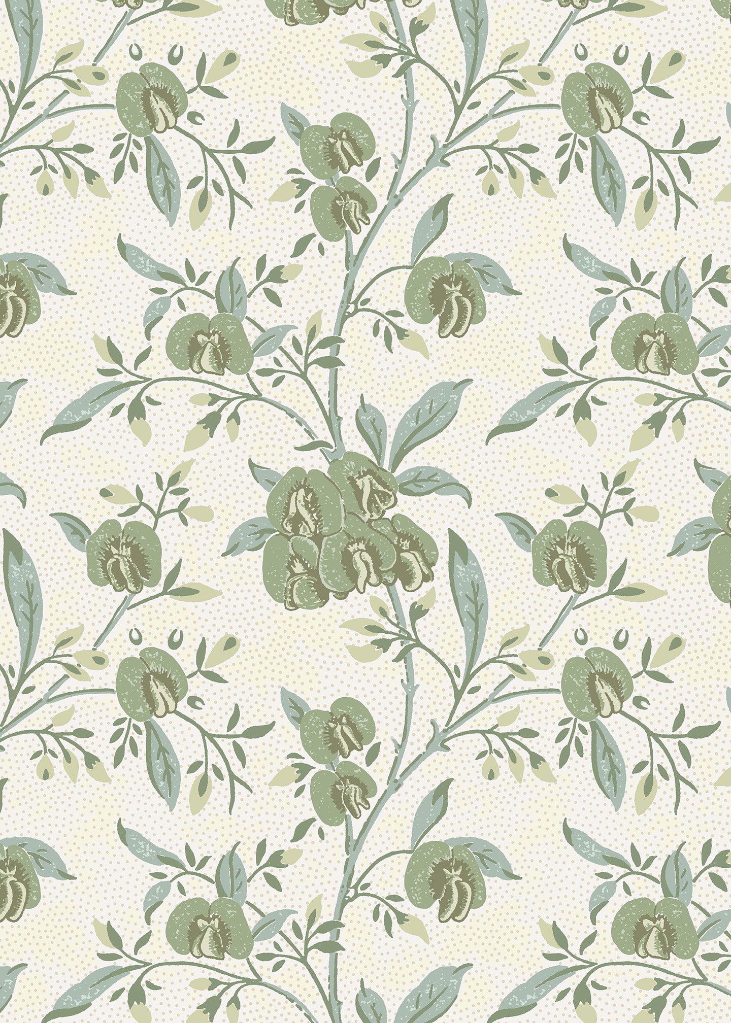 Wallpaper in a floral pattern with green leaves and flowers on a light background