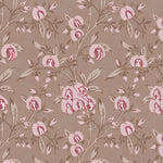 Wallpaper in a floral pattern with pink flowers on a brown background