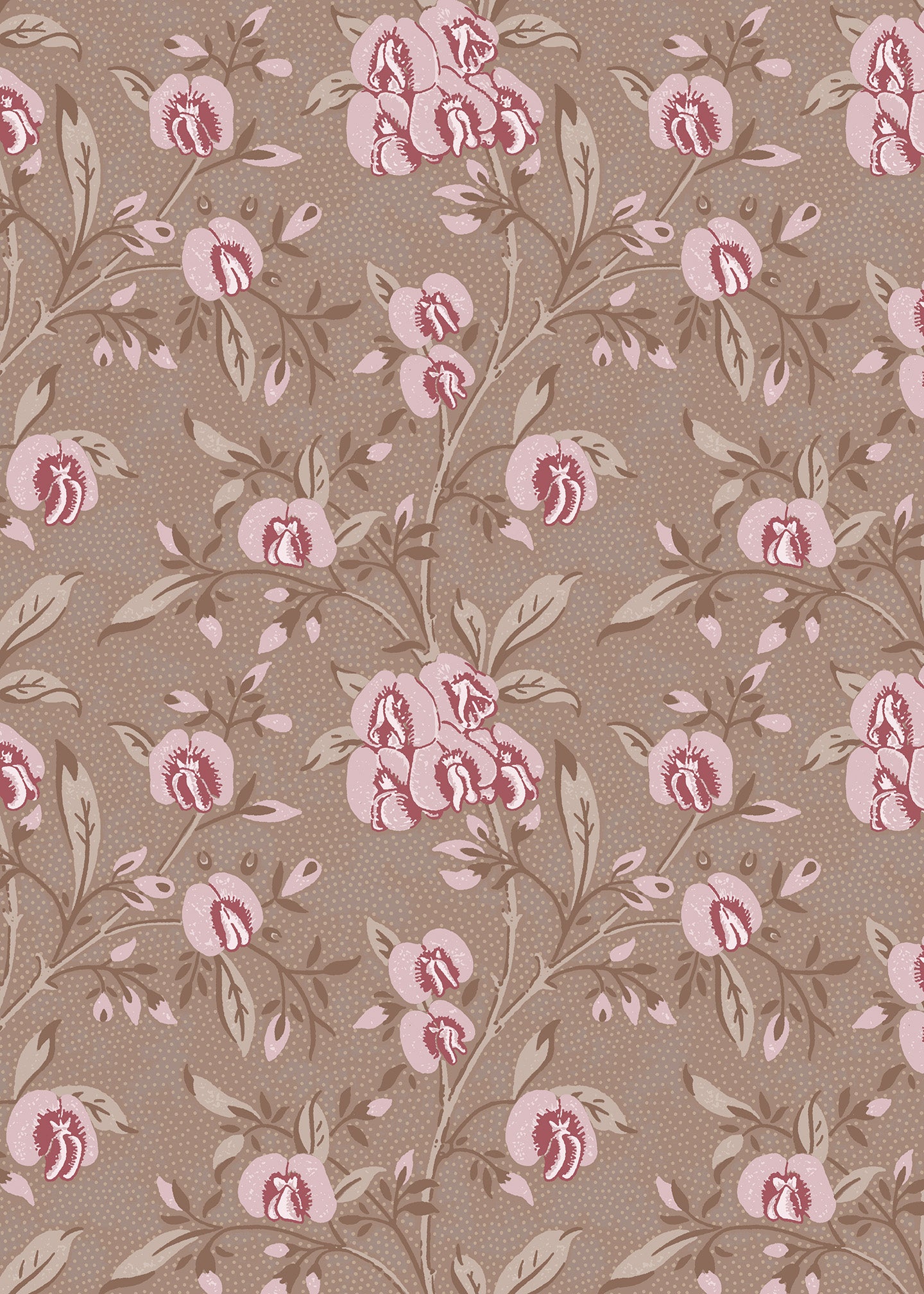 Wallpaper in a floral pattern with pink flowers on a brown background