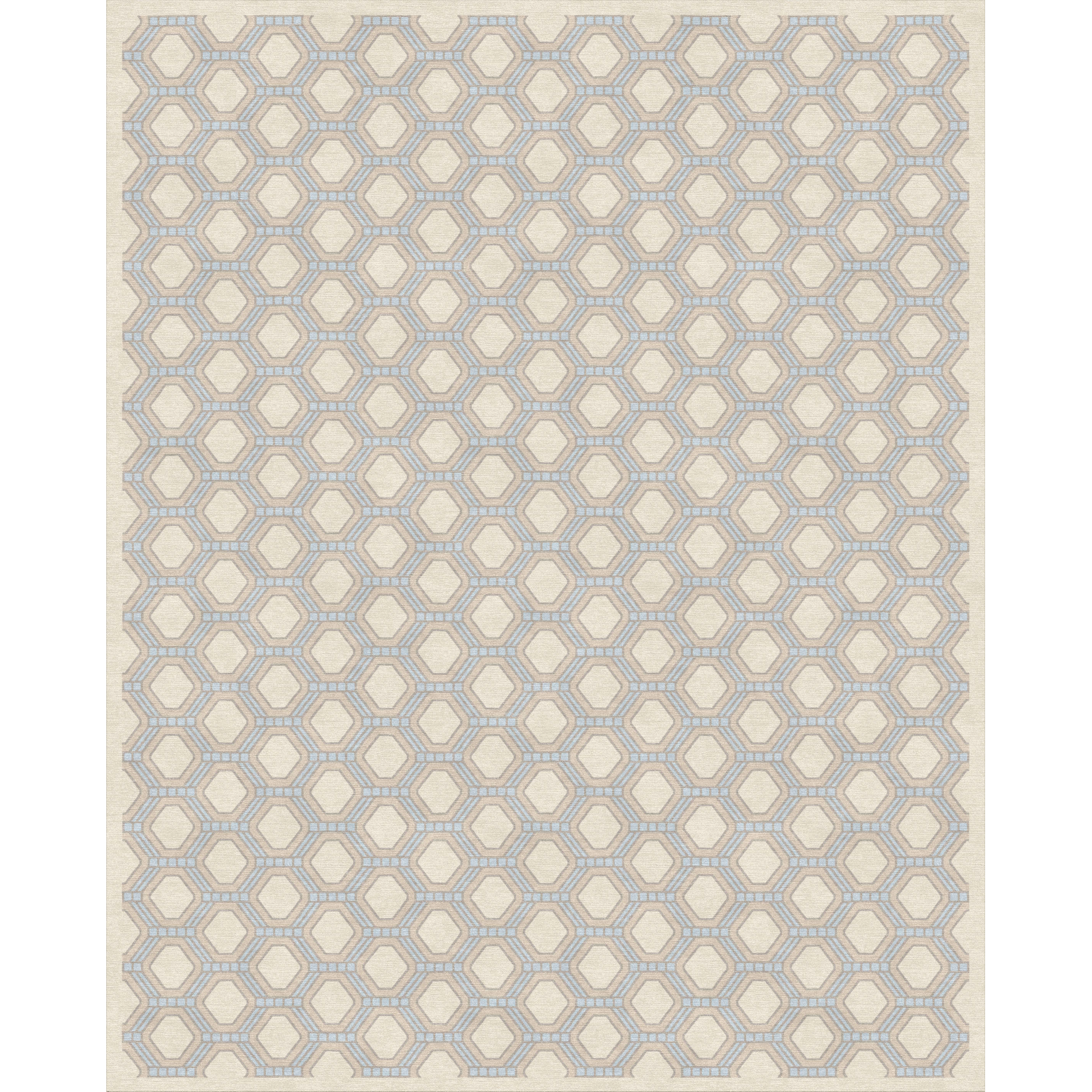 Geometric patterned rug with hexagonal design on a beige background