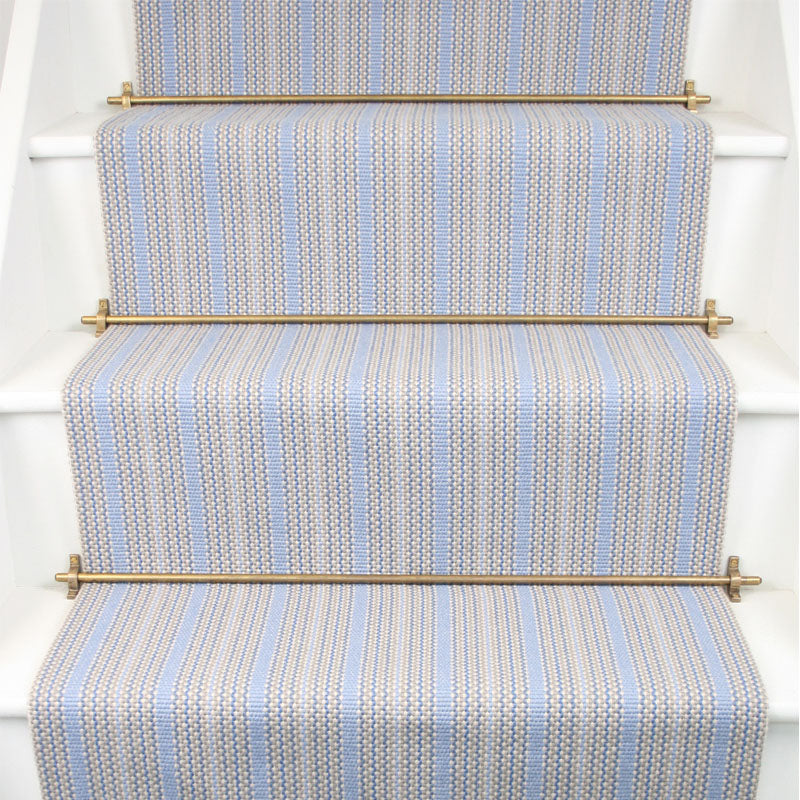 Striped flatweave runner in blue and grey on white staircase