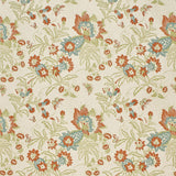 Printed Wallpaper detail in a scrolling botanical print in sage green, turquroise and burnt orange. 