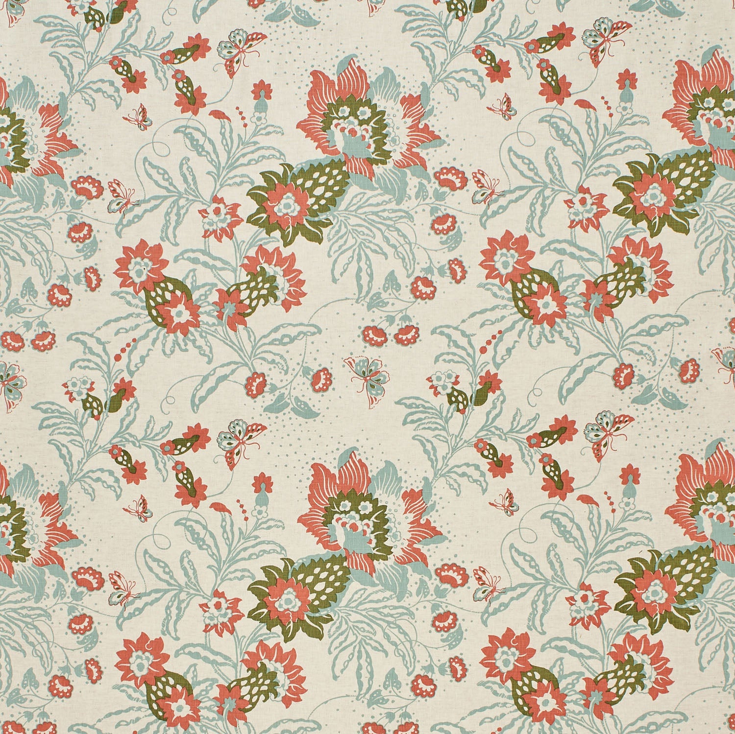 Printed fabric detail in a scrolling botanical print in acqua, coral and olive green