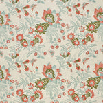 Printed fabric detail in a scrolling botanical print in acqua, coral and olive green