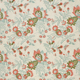 Printed fabric detail in a scrolling botanical print in acqua, coral and olive green