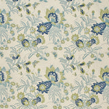 Printed fabric detail in a scrolling botanical print in bright blue, marine blue and light green. 