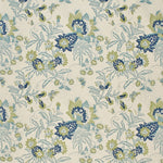 Printed Wallpaper detail in a scrolling botanical print in bright blue, marine blue and light green. 