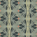 Detail of wallpaper in a textural botanical print in shades of navy, yellow and red on a turquoise field.