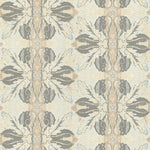 Detail of wallpaper in a textural botanical print in shades of gray and tan on a light yellow field.