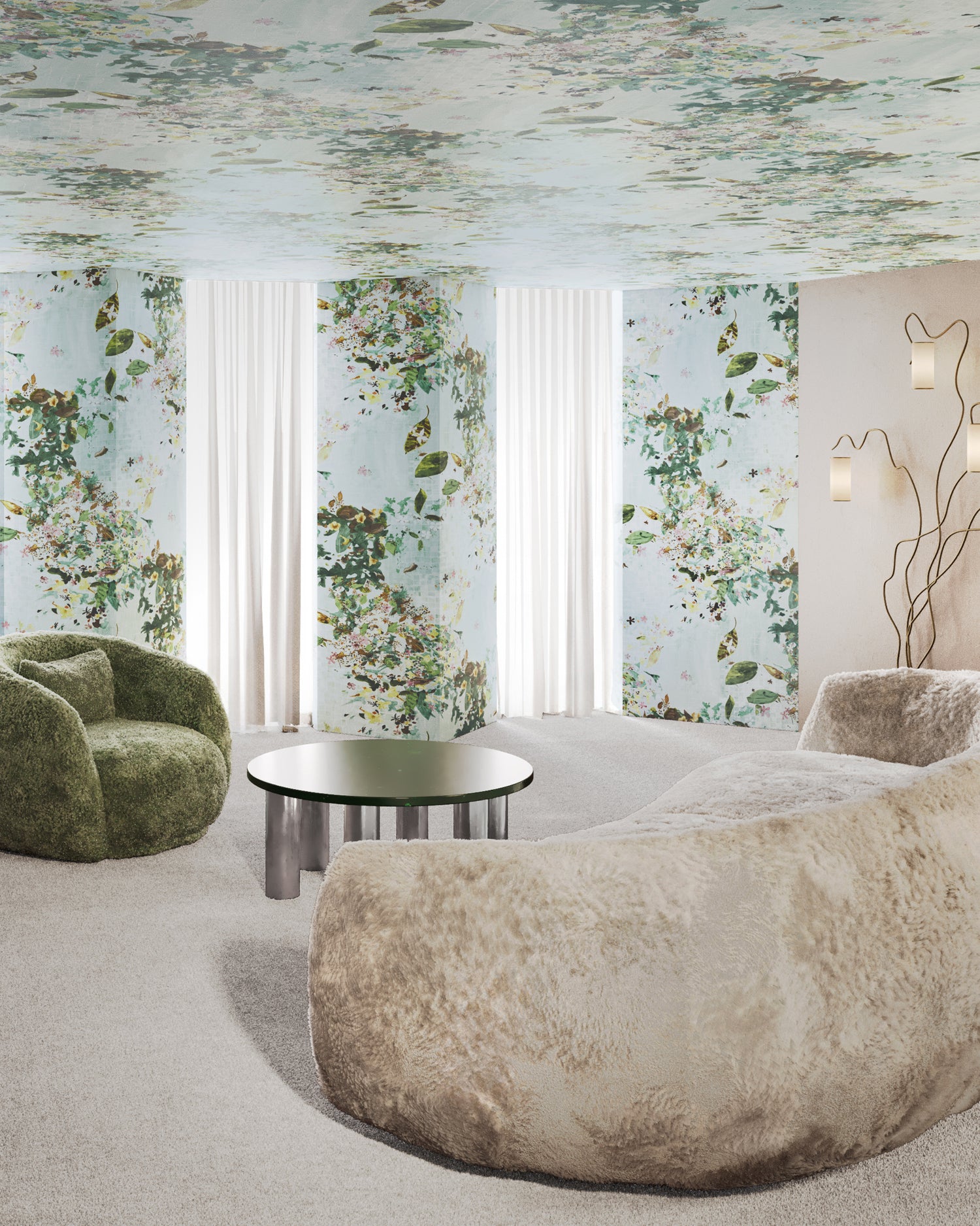 Modern living room with a textured beige sofa, green armchair, and round table.