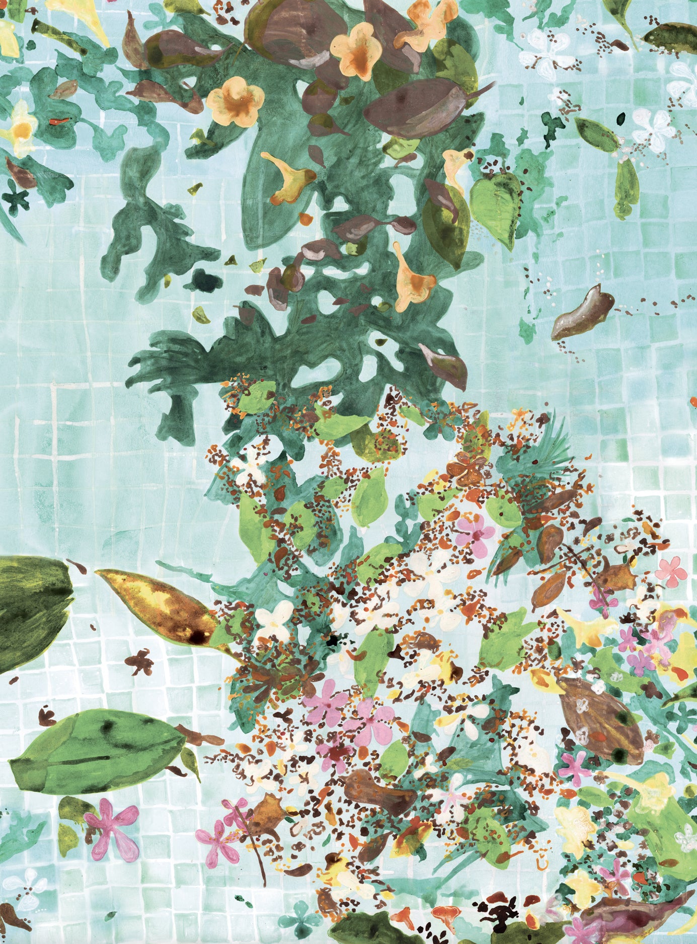 Colorful floral and leaf pattern on a textured background