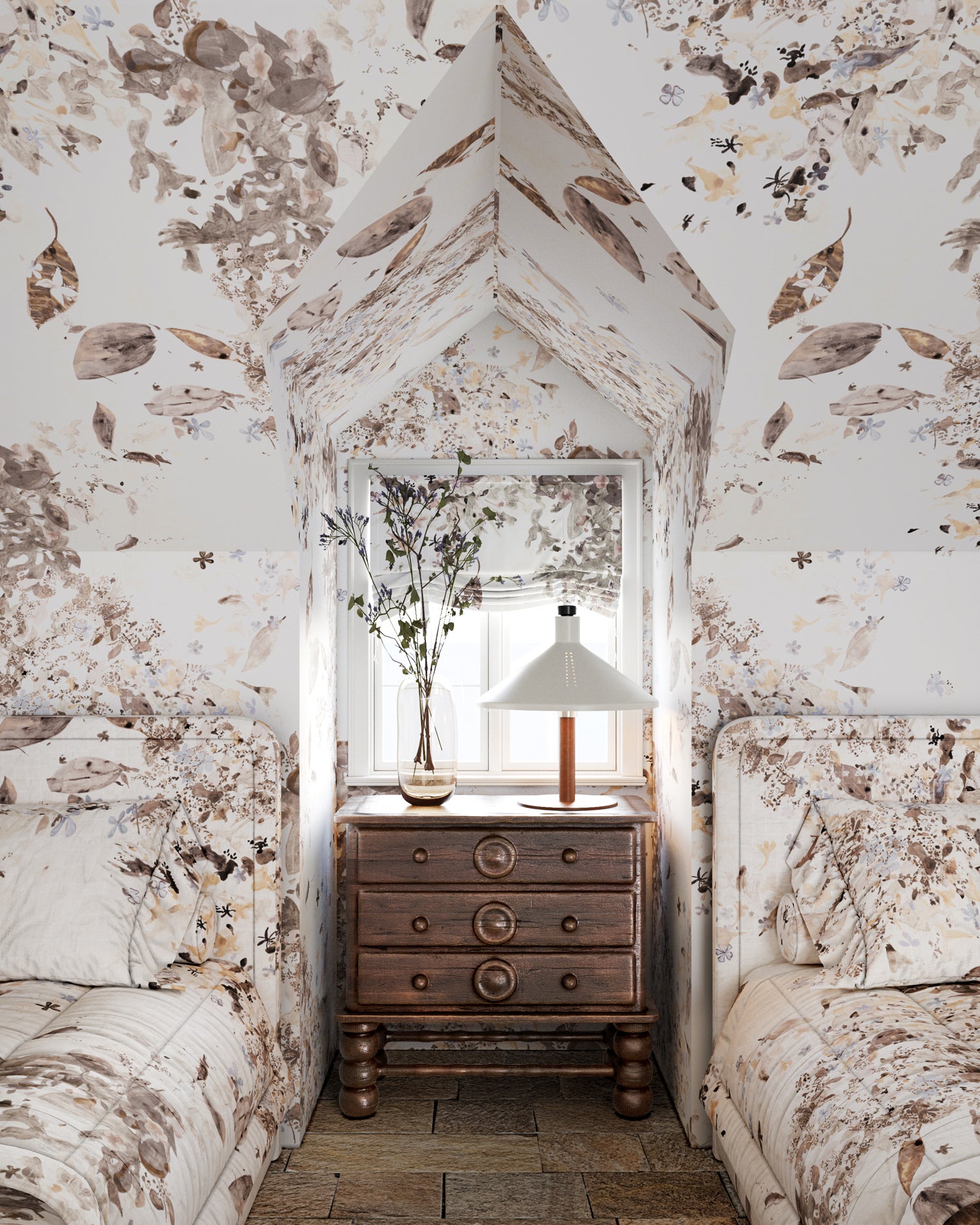 Small bedroom with floral wallpaper, wooden dresser, and bed.