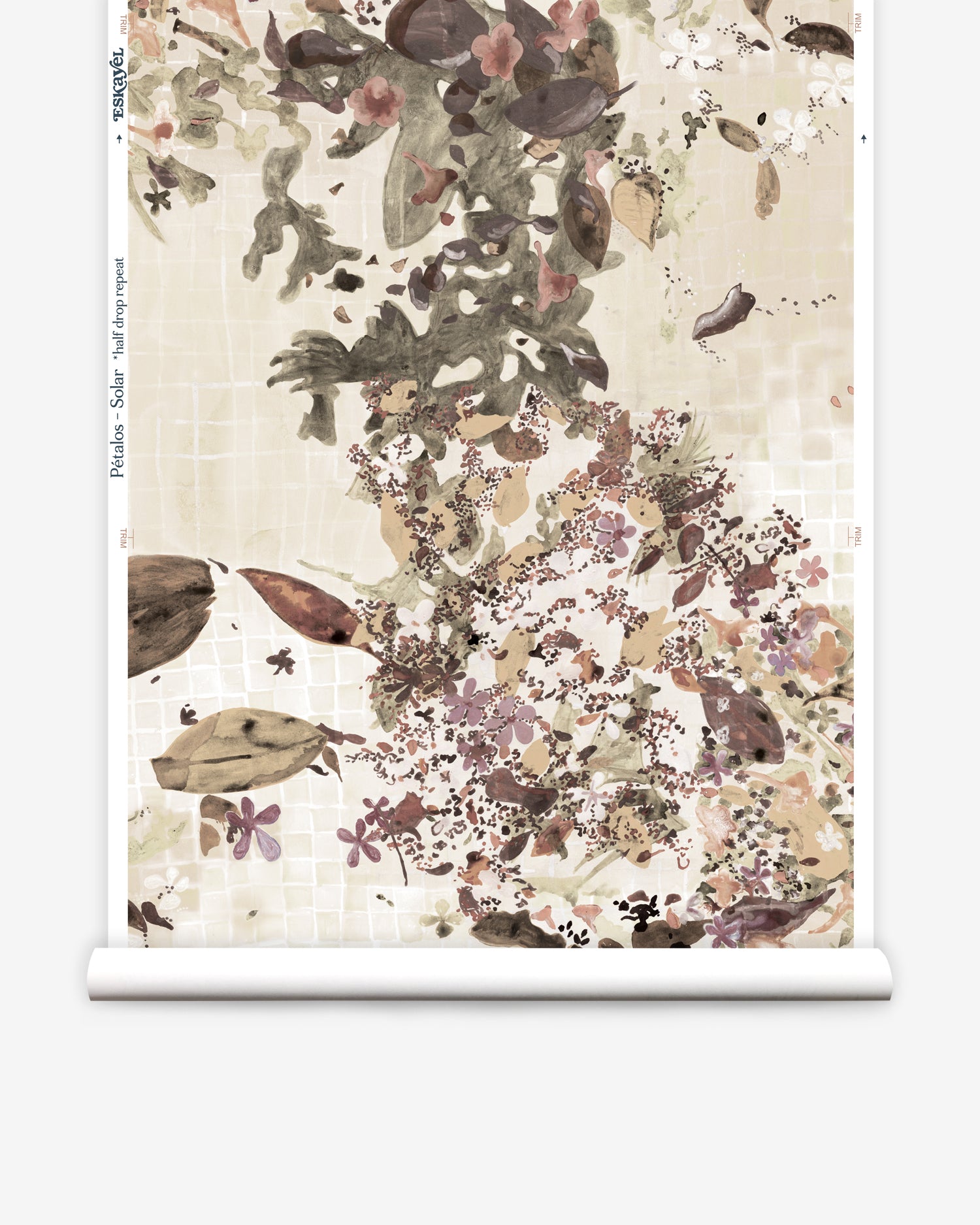Roll of wallpaper with floral and leaf pattern on a beige background