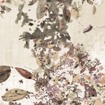 Decorative wallpaper with a floral and leaf pattern on a checked beige background