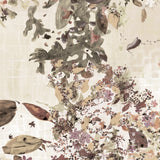 Decorative wallpaper with a floral and leaf pattern on a checked beige background