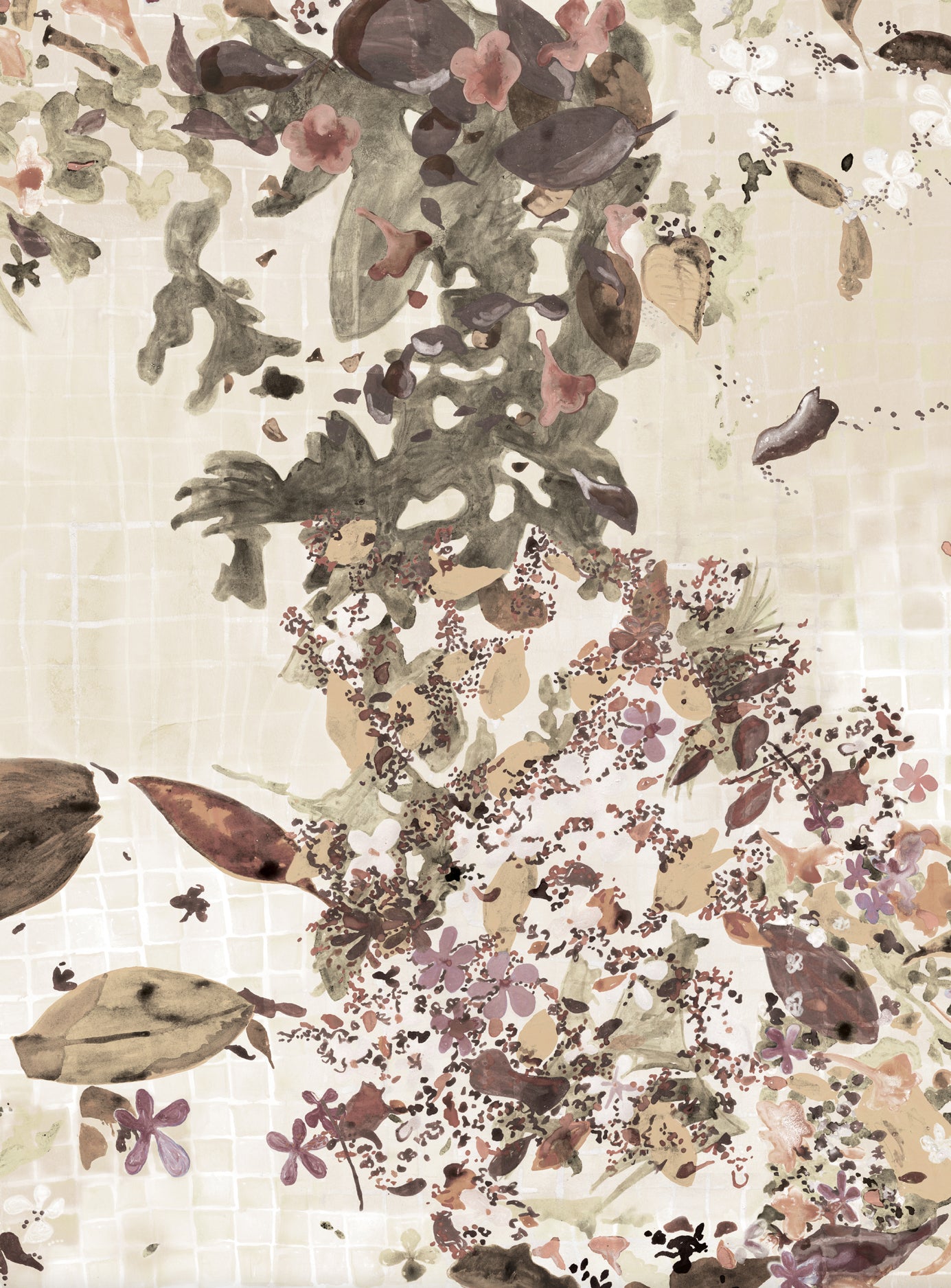 Decorative wallpaper with a floral and leaf pattern on a checked beige background