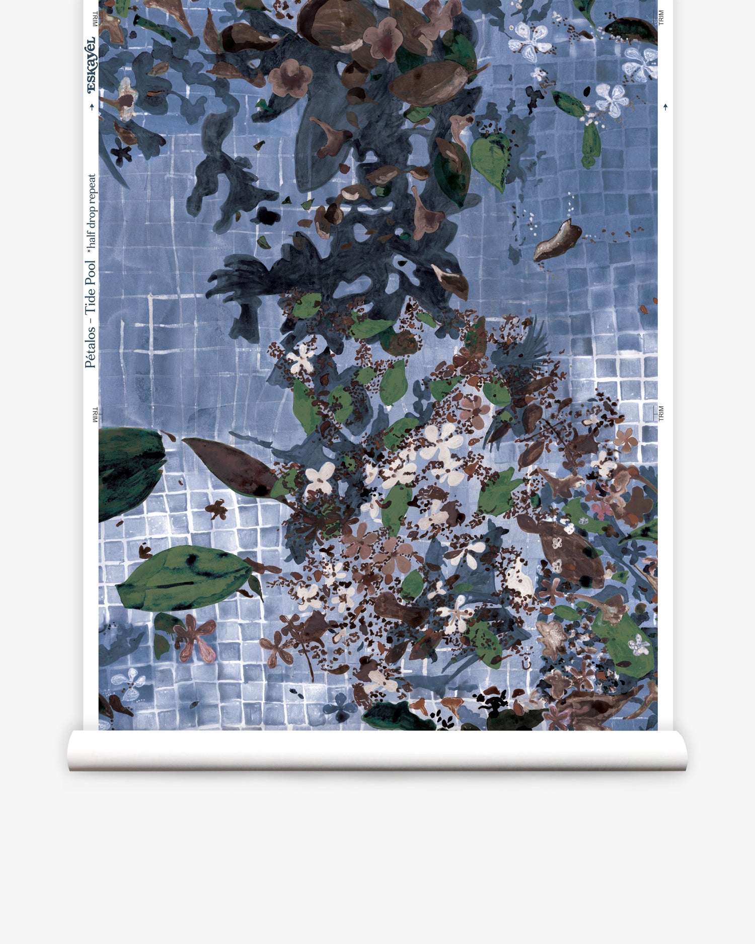 Roll of wallpaper with floral and abstract design on a blue grid background