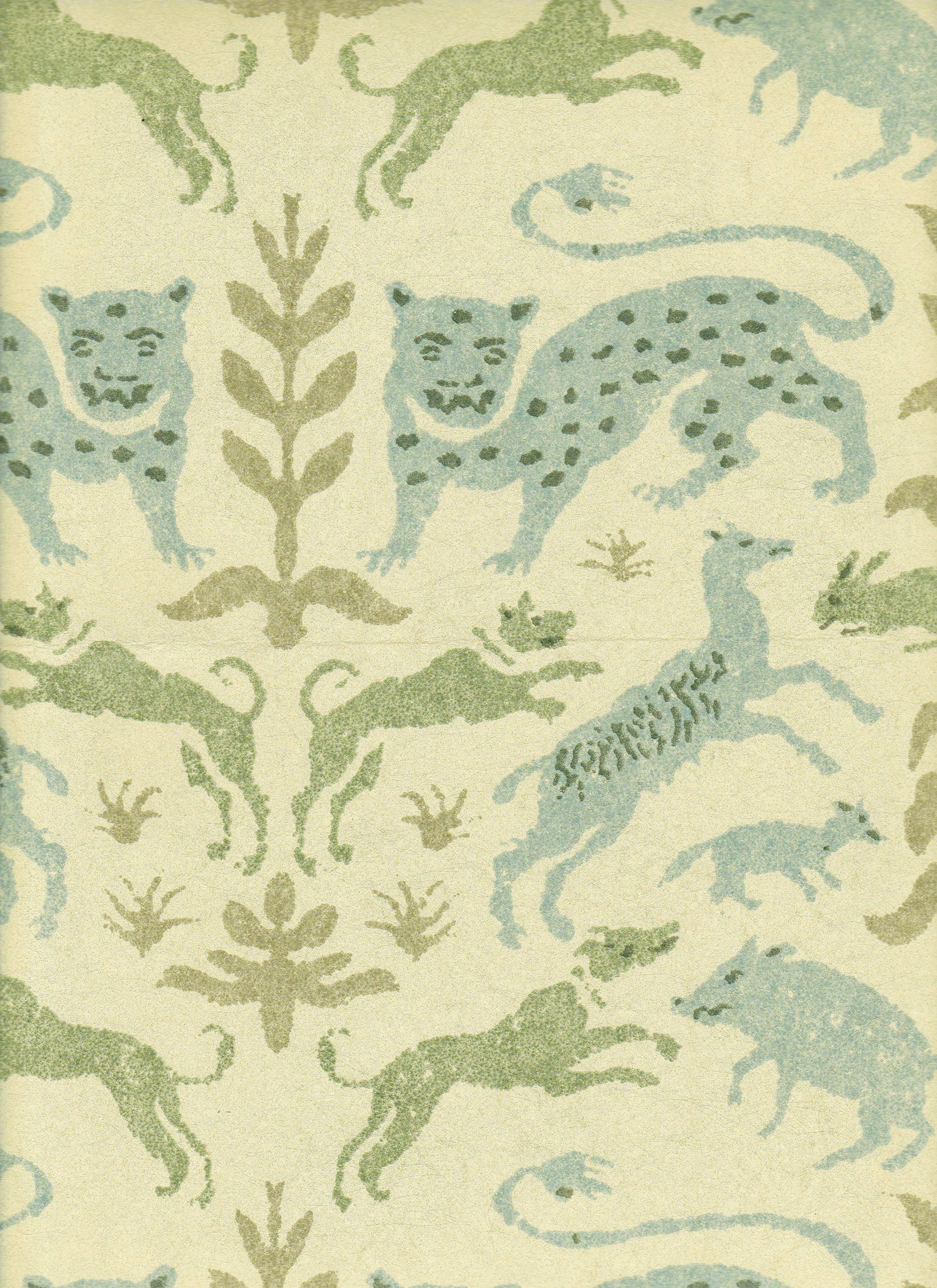 Detail of wallpaper in a playful animal and botanical print in sage and blue on a cream field.