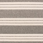 Broadloom carpet in a wide stripe in grey and cream with grey accent stripes. 