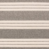 Broadloom carpet in a wide stripe in grey and cream with grey accent stripes. 