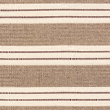 Broadloom carpet in a wide stripe in light brown and cream with dark brown accent stripes. 