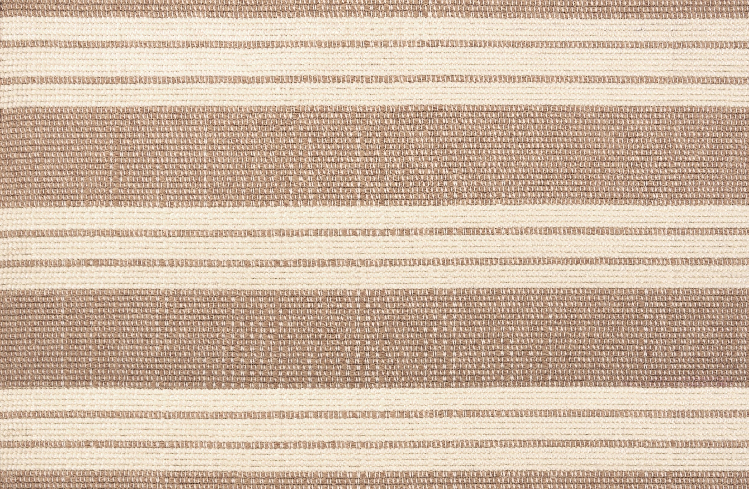 Broadloom carpet in a wide stripe in camel brown and cream with camel brown accent stripes. 