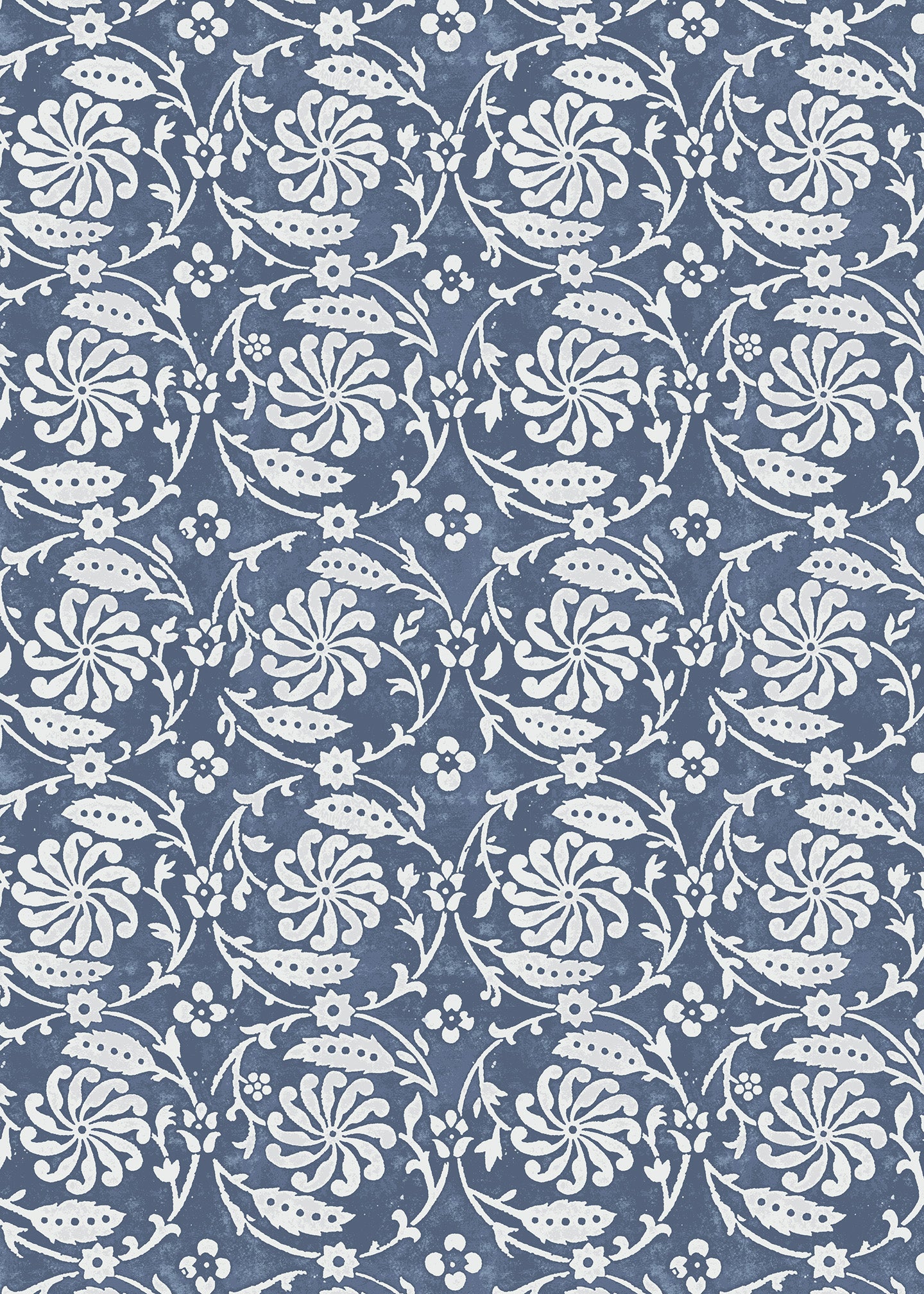 Wallpaper with white floral and leaf design on a navy blue background