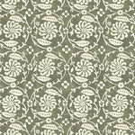 Wallpaper with white floral and leaf design on a olive green background
