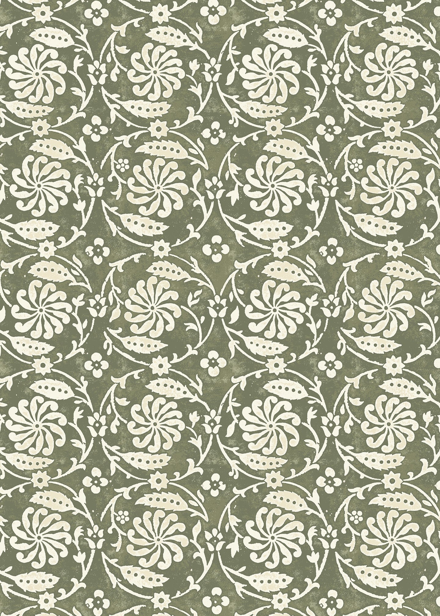 Wallpaper with white floral and leaf design on a olive green background