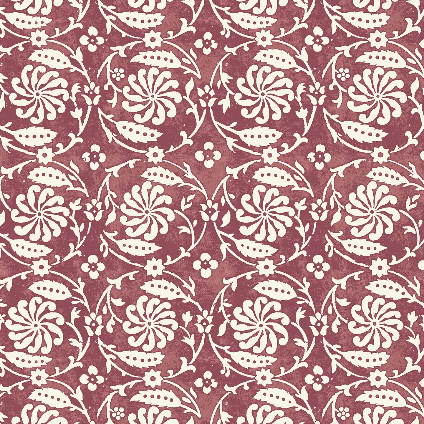 Wallpaper with white floral and leaf design on a wine-red background