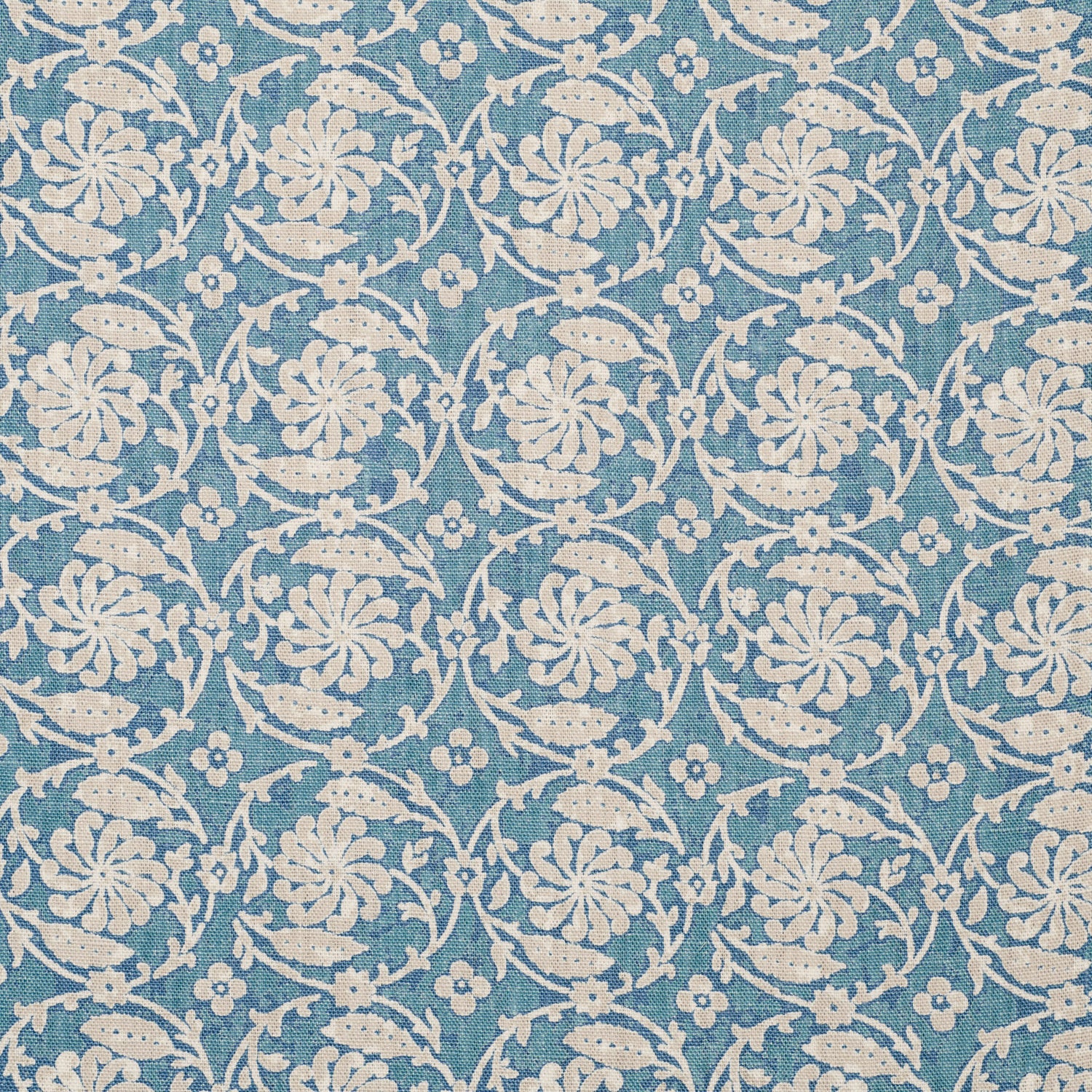 Patterned fabric with floral & vine design on a  blue background
