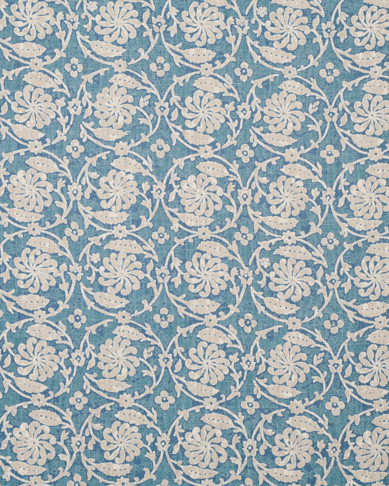 Patterned fabric with floral & vine design on a  blue background