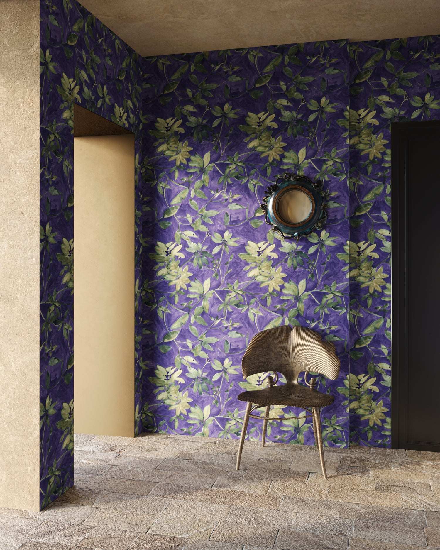 Room with purple floral wallpaper, a chair, and a mirror.