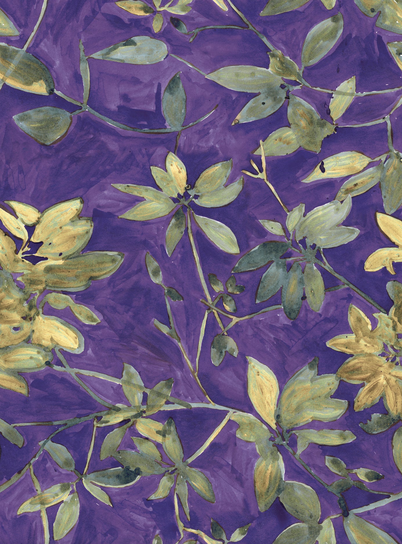 Floral pattern with green leaves on a purple background
