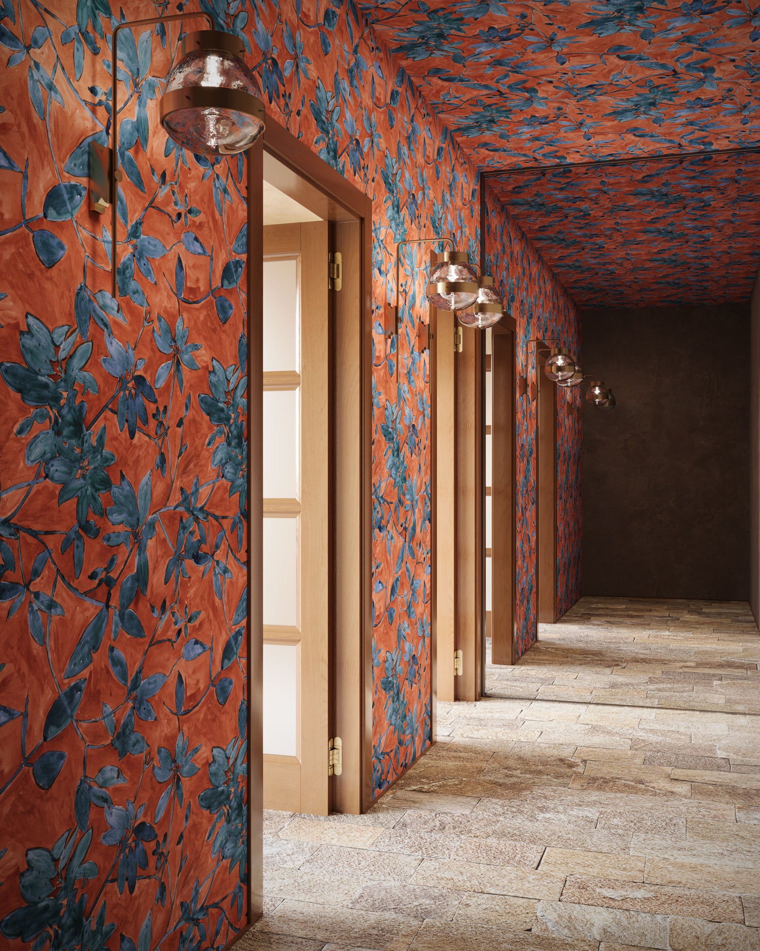  hallway with orange and blue floral patterned walls