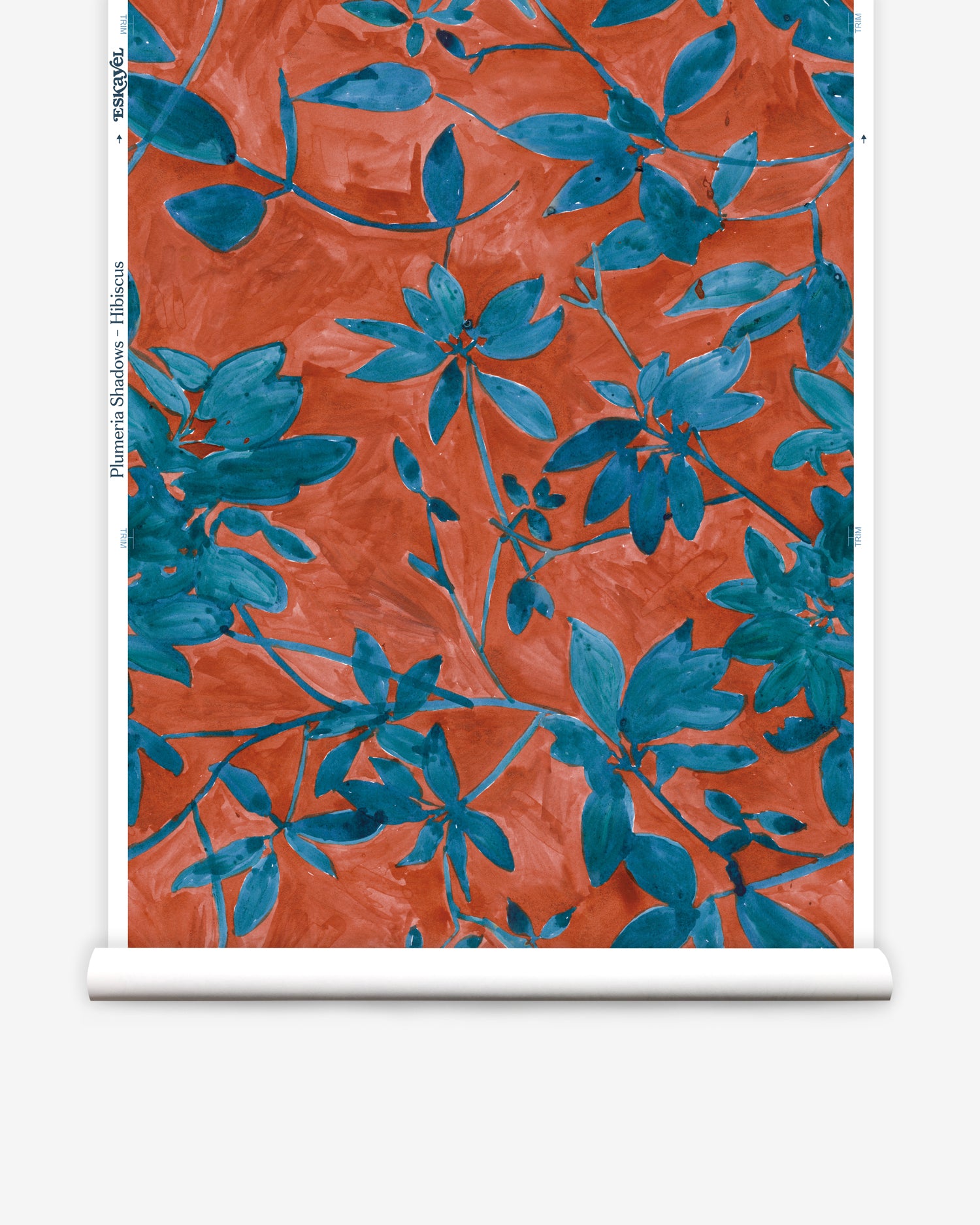 Wallpaper roll with blue leaf pattern on a red background