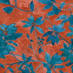 Pattern of blue leaves on a red background