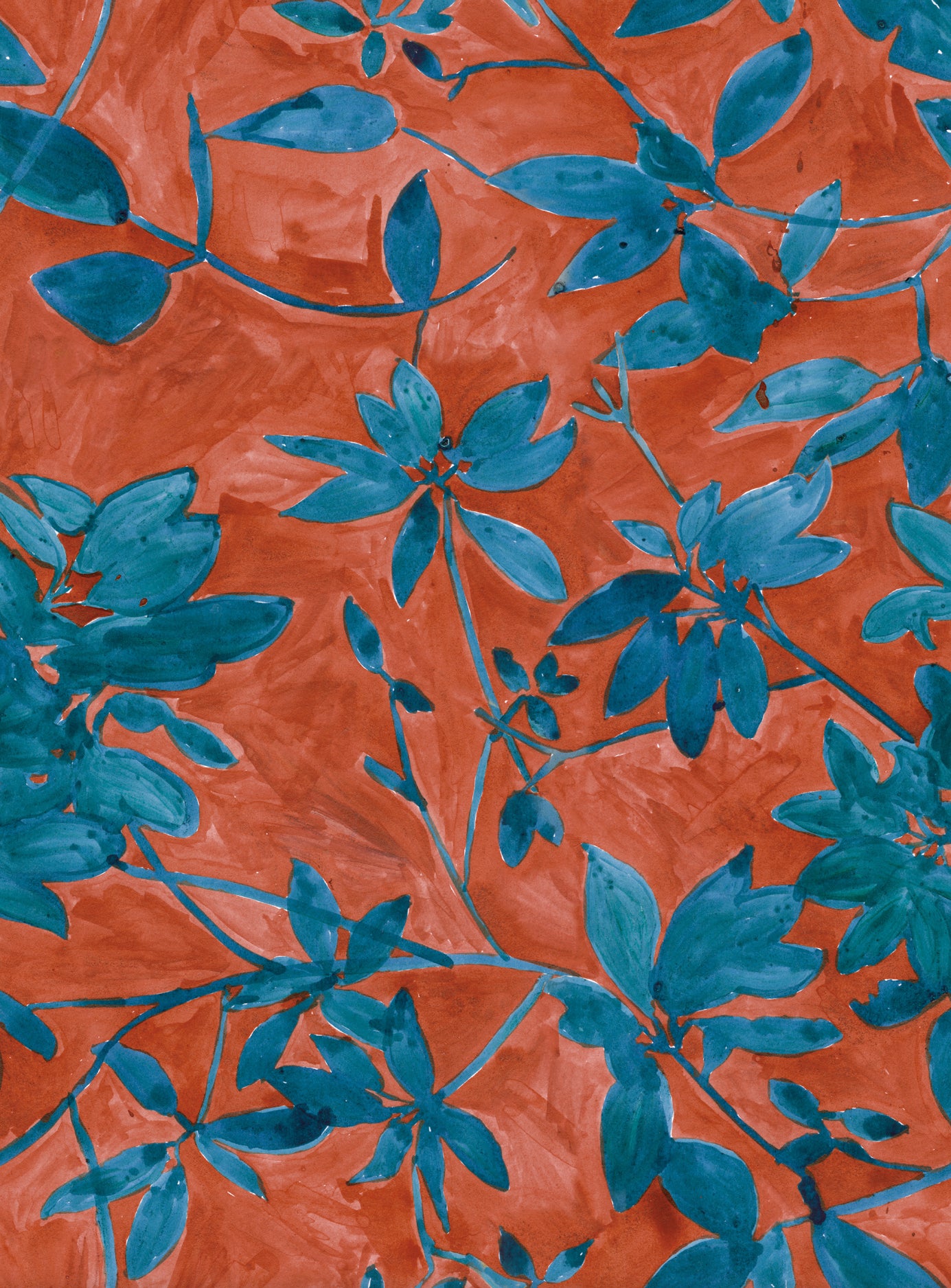 Pattern of blue leaves on a red background