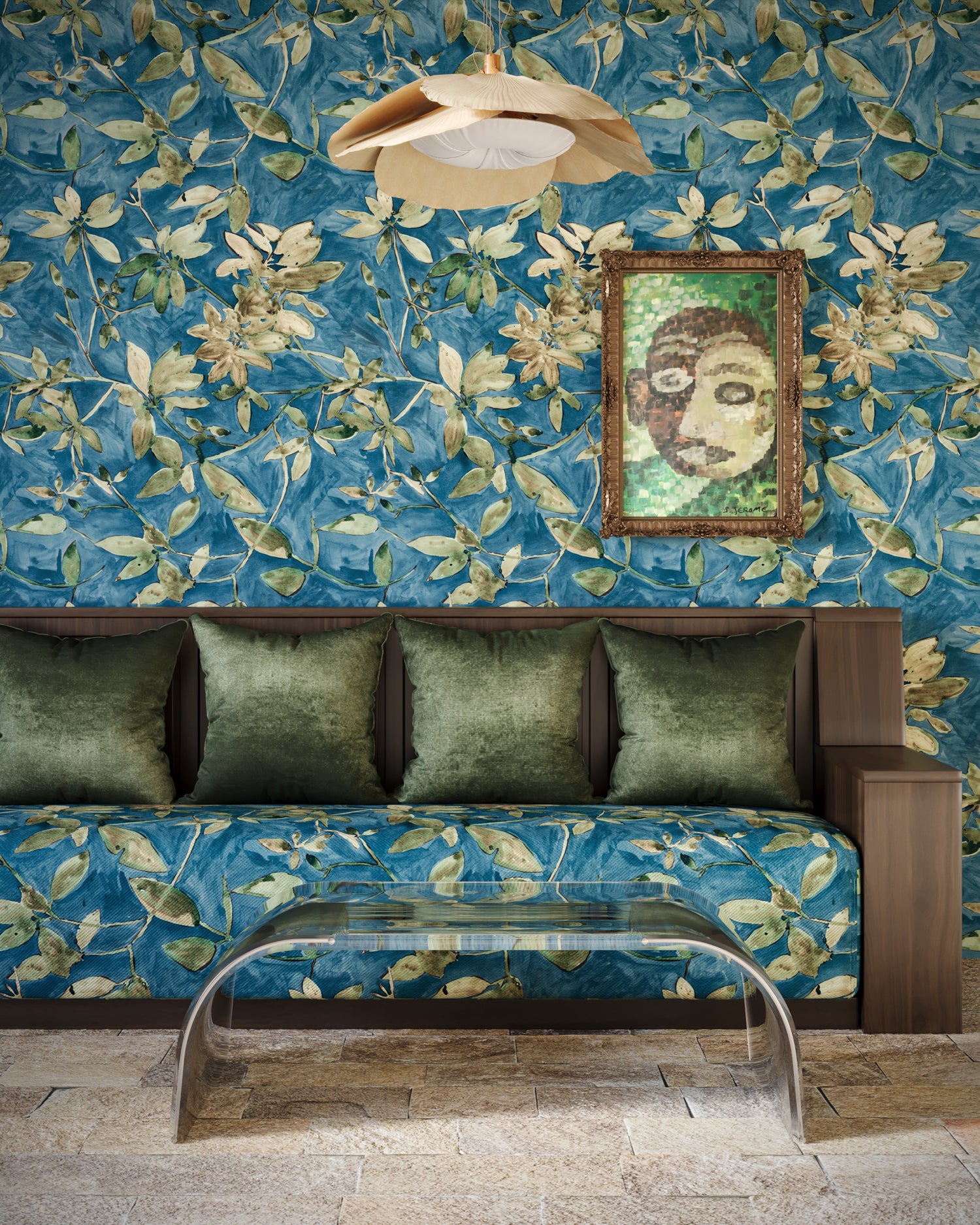 Living room with floral wallpaper, green sofa, and a clear glass table.