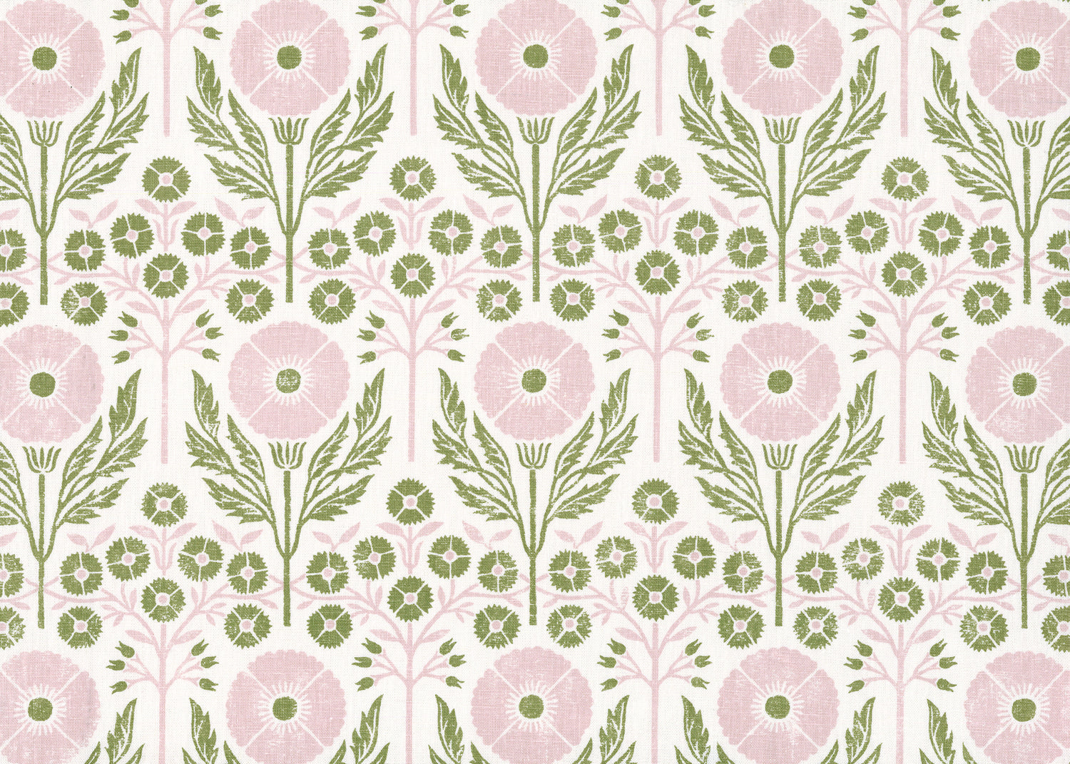 Printed linen in an arts and crafts style floral pattern in pink and green on white. 