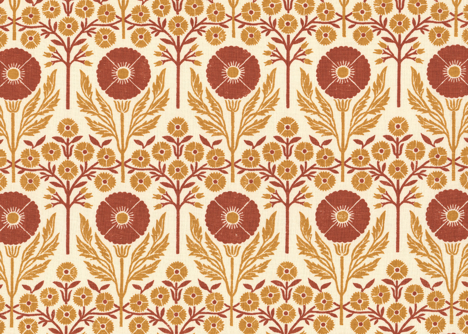Printed linen in an arts and crafts style floral pattern in orange and red on cream