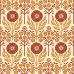 Printed linen in an arts and crafts style floral pattern in orange and red on cream