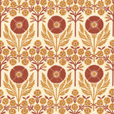 Printed linen in an arts and crafts style floral pattern in orange and red on cream