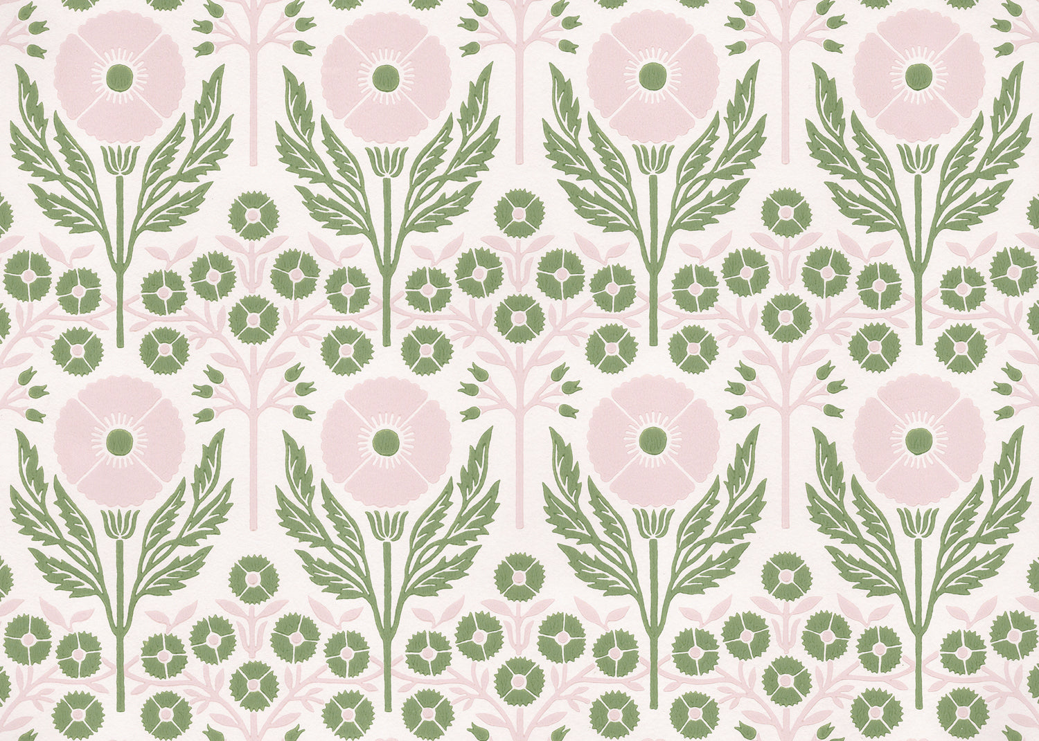 Printed linen in an arts and crafts style floral pattern in pink and green on white. 