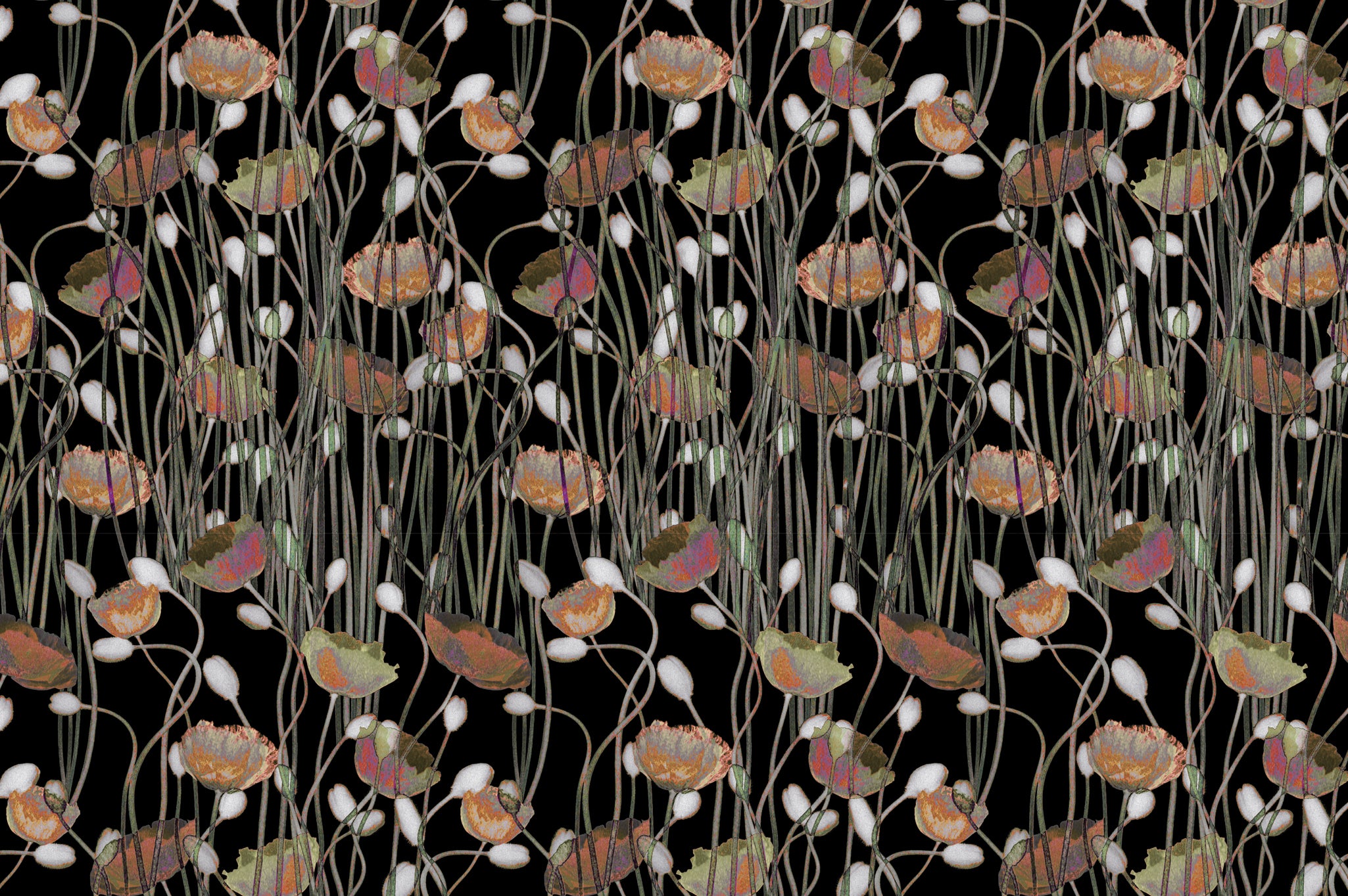 Detail of fabric in a dense poppy print in shades of red, white, orange and green on a black field.