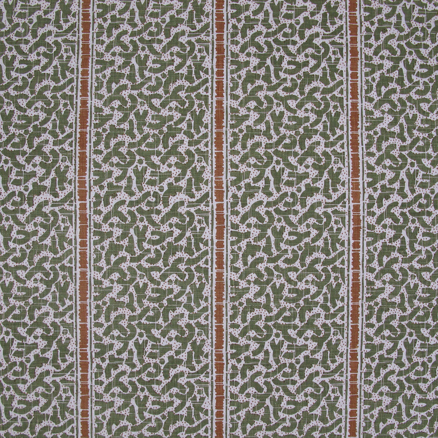 Printed fabric detail in a geometric rhythmic stripe in sage green with a bronze accent.