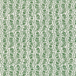 Printed linen in a wavy floral stripe design in green on white. 